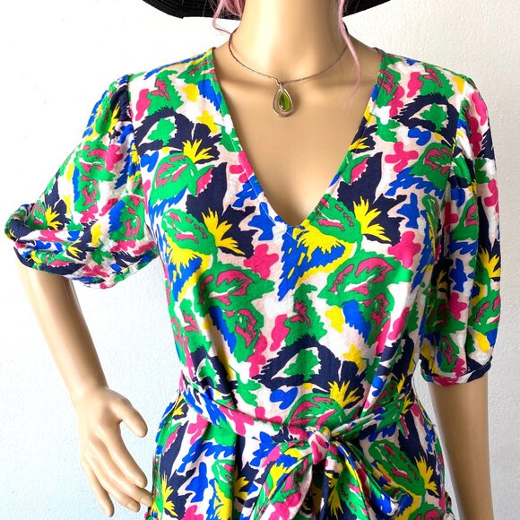 XS Summer Dress Ruffled Tiered Skirt Puffed Sleeves Colorful Abstract Botanical - Picture 7 of 9